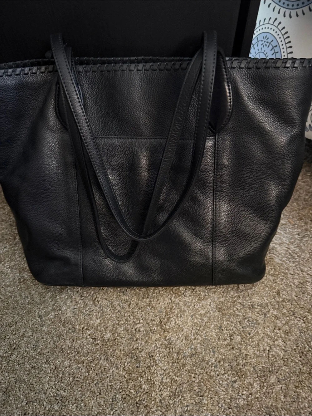 Brighton Black Leather Tote with Embossed Medallion and Tassel